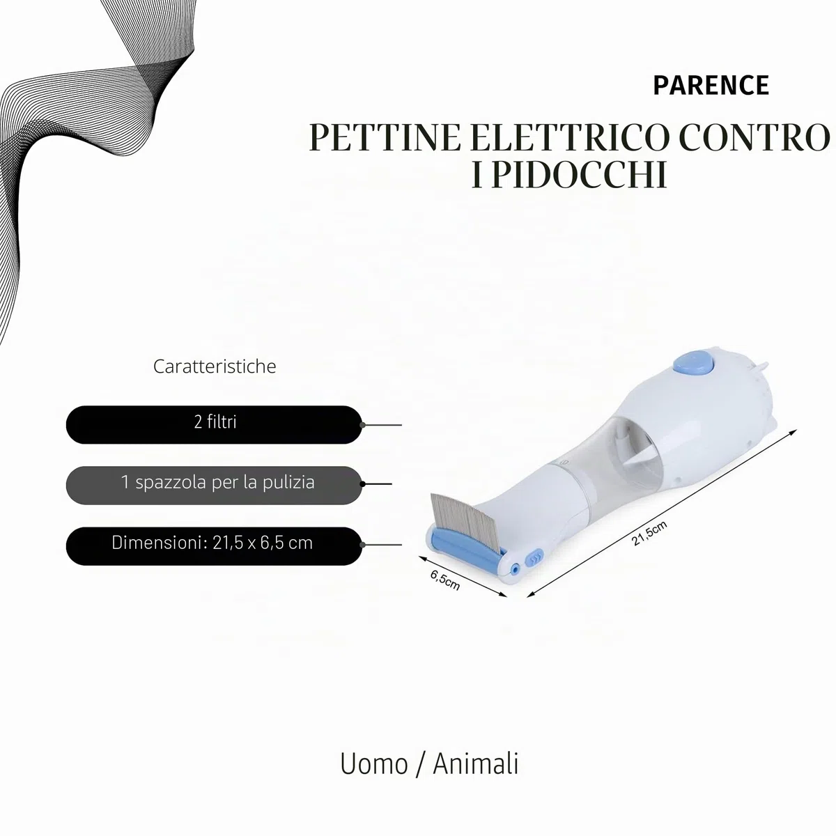 PARENCE. - Pettine Elettrico contro i pidocchi e Lendini con Dispositivo di Aspirazione e Filtri di Pulizia, Presa di Ricarica a Parete -
