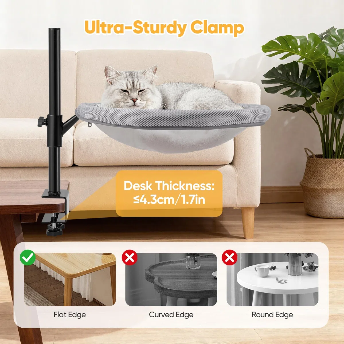 Lettino per Gatti da Scrivania, Cuccia per Gatti da Scrivania con Rotazione a 360°, Altezza Regolabile, Tessuto a Rete, Fodera Lavabile, per Ufficio a Casa, Fino a 19 kg/42lb