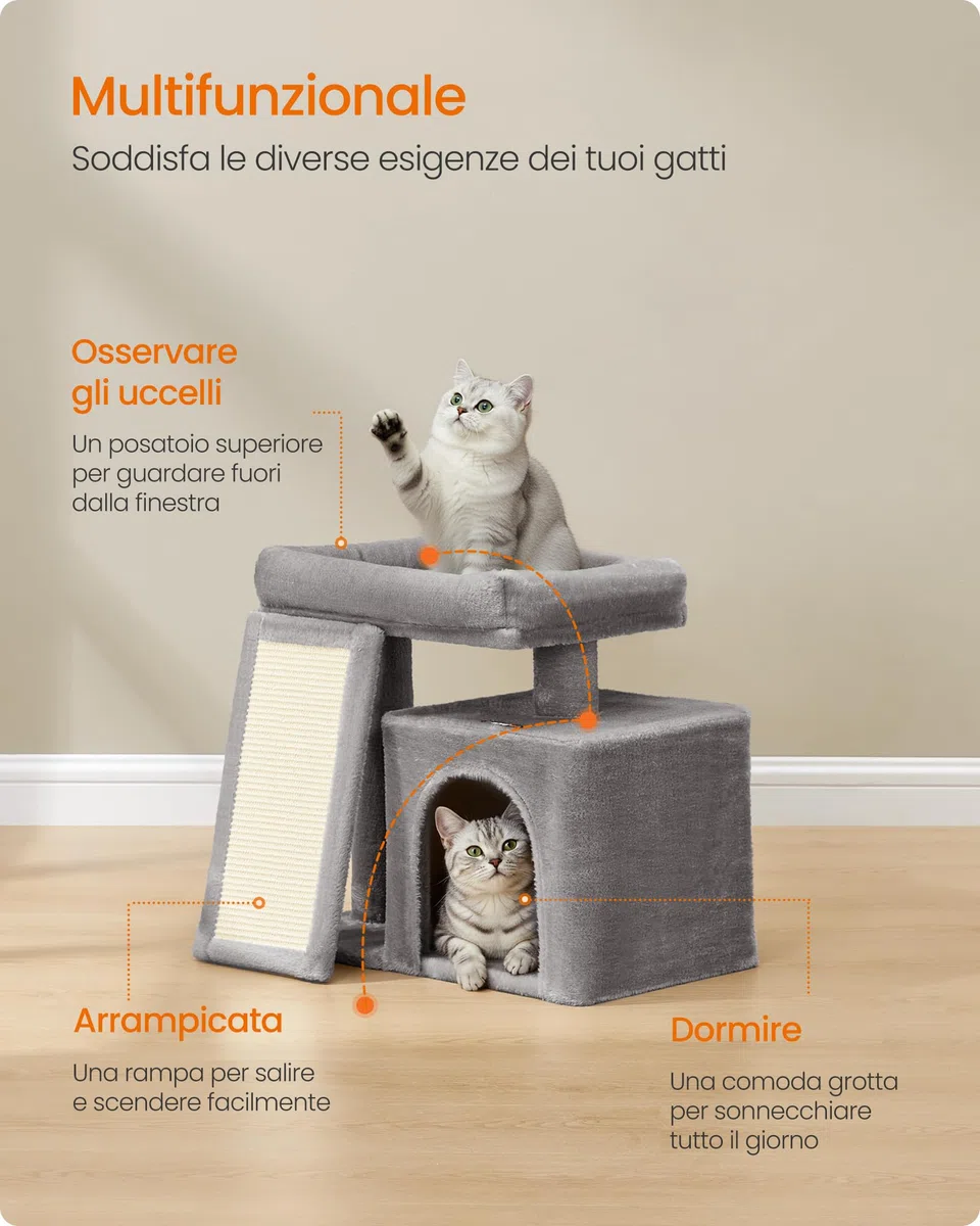 Feandrea Albero per Gatti Piccolo, Torre Tiragraffi per Gatti con Casetta, Rampa Graffiatoio Grande, Cuccia Superiore, Grotta, Alto 44,6 cm, Grigio Tortora PCT010GD01