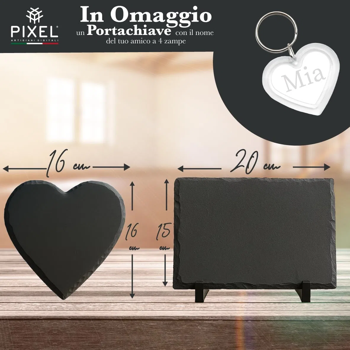 Pixel Cuore Ardesia Personalizzato con Foto e Frase | Targa Commemorativa Animali Domestici | Memoriale Cane Gatto con Immagine | Regalo Lutto Pet (Rettangolare)