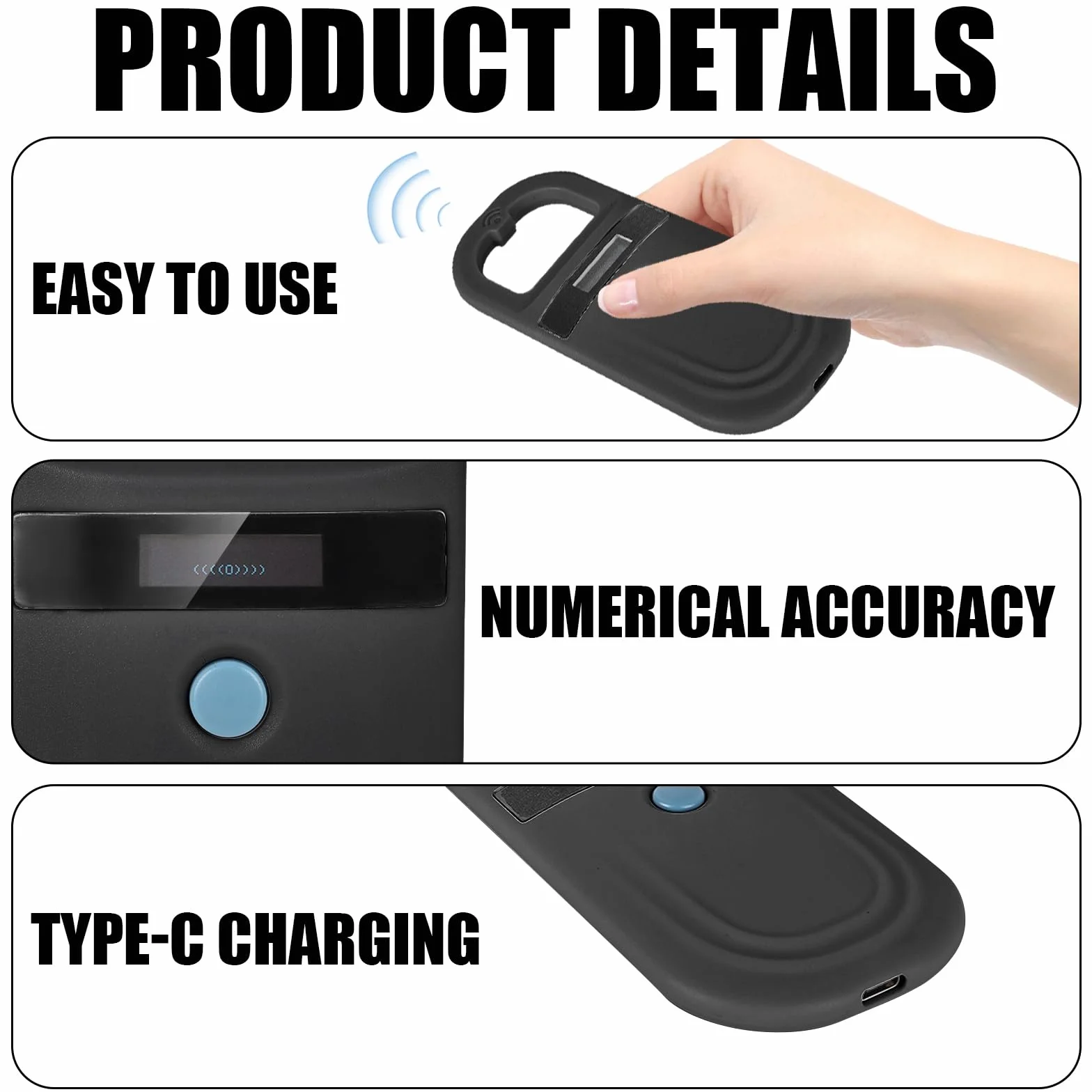 Lettore ID per animali domestici, lettore di chip per animali, lettore di microchip per cani/gatti, scansione microchip scanner, scanner per animali domestici, nero