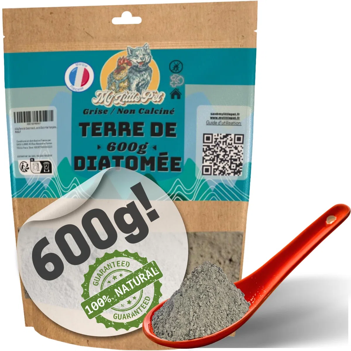 100% Terra diatomea alimentare bianca | Diatomea in polvere per cimice e scarafaggi (600g rinfuso) - Doypack Grigio