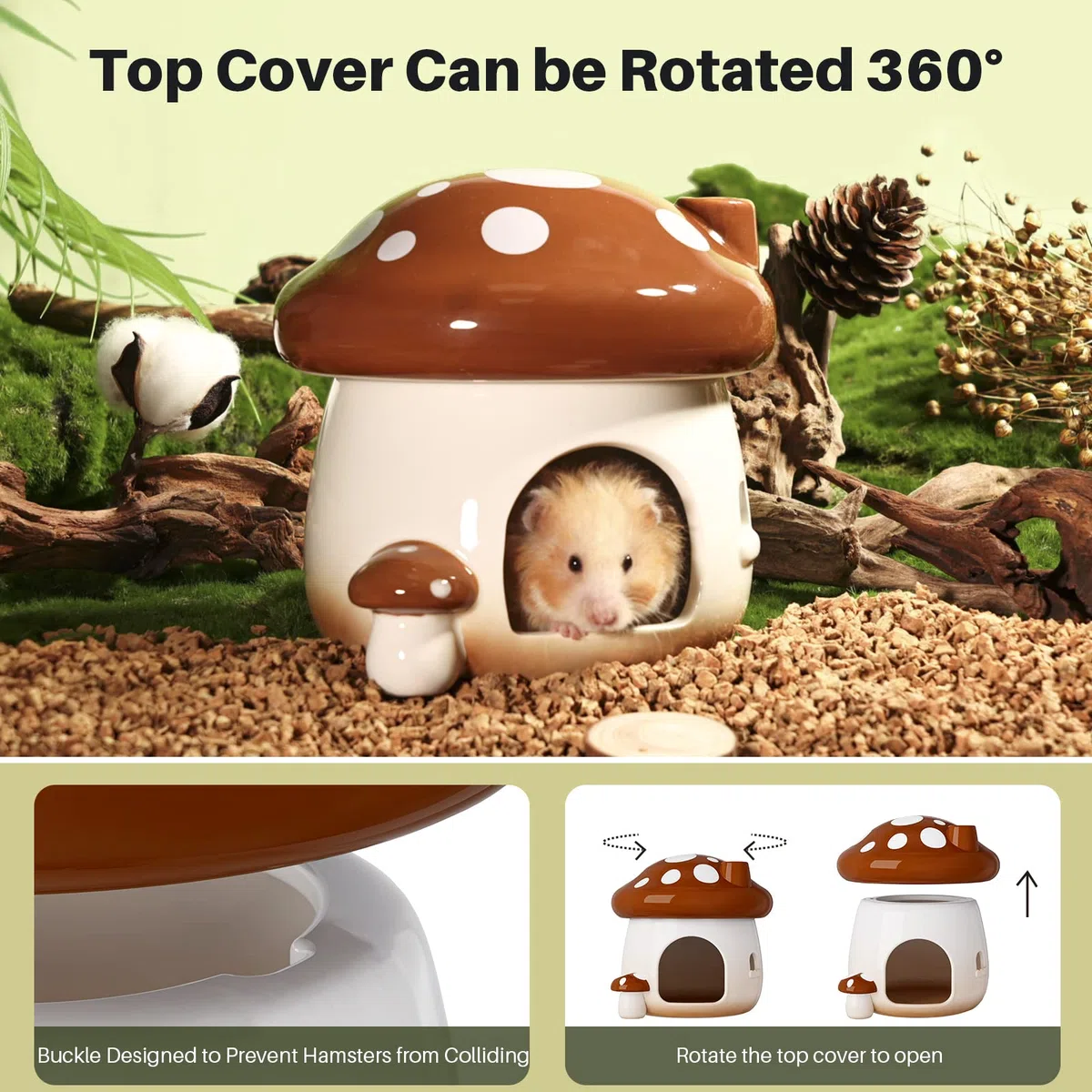 BUCATSTATE Hamster Hideout Ceramica Fungo Criceto Casa e Habitat Cool Bed Ideale per tutte le stagioni Criceto Nano Gerbils Golden Bear (Marrone-Grande)