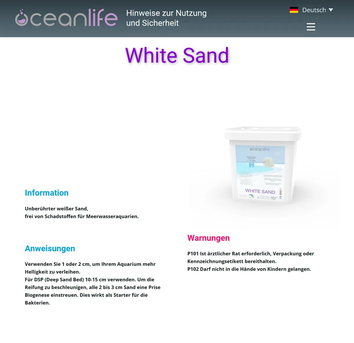 Oceanlife White Sand 0,7-1,2 mm - 5000 ml - Sabbia calcarea Bianca fine