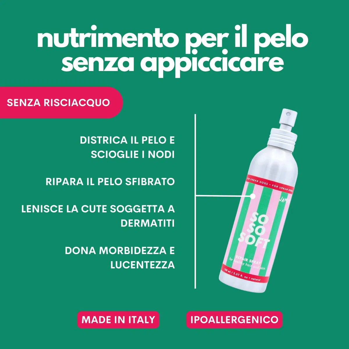 JAMPY Spray Districante Nutriente Per Cani. Scioglie i Nodi - Idrata - Rimpolpa - Lucida il Pelo. Formula Ipoallergenica con Cheratina, Lisina e Acidi della Frutta. 97% Naturale. Senza plastica.
