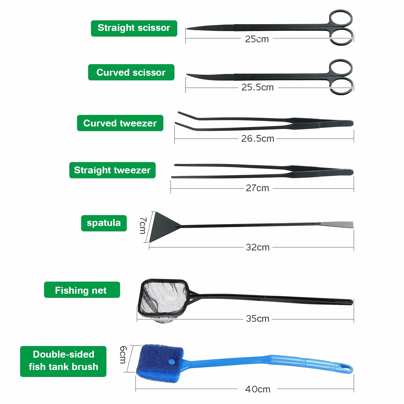 Coolty Kit di strumenti per aquascaping piante acquatiche 7 in 1, pinzetta a forbice in acciaio inox, spatola strumenti per la pulizia dell'acquario, rete da pesca e raschietto per alghe per acquari
