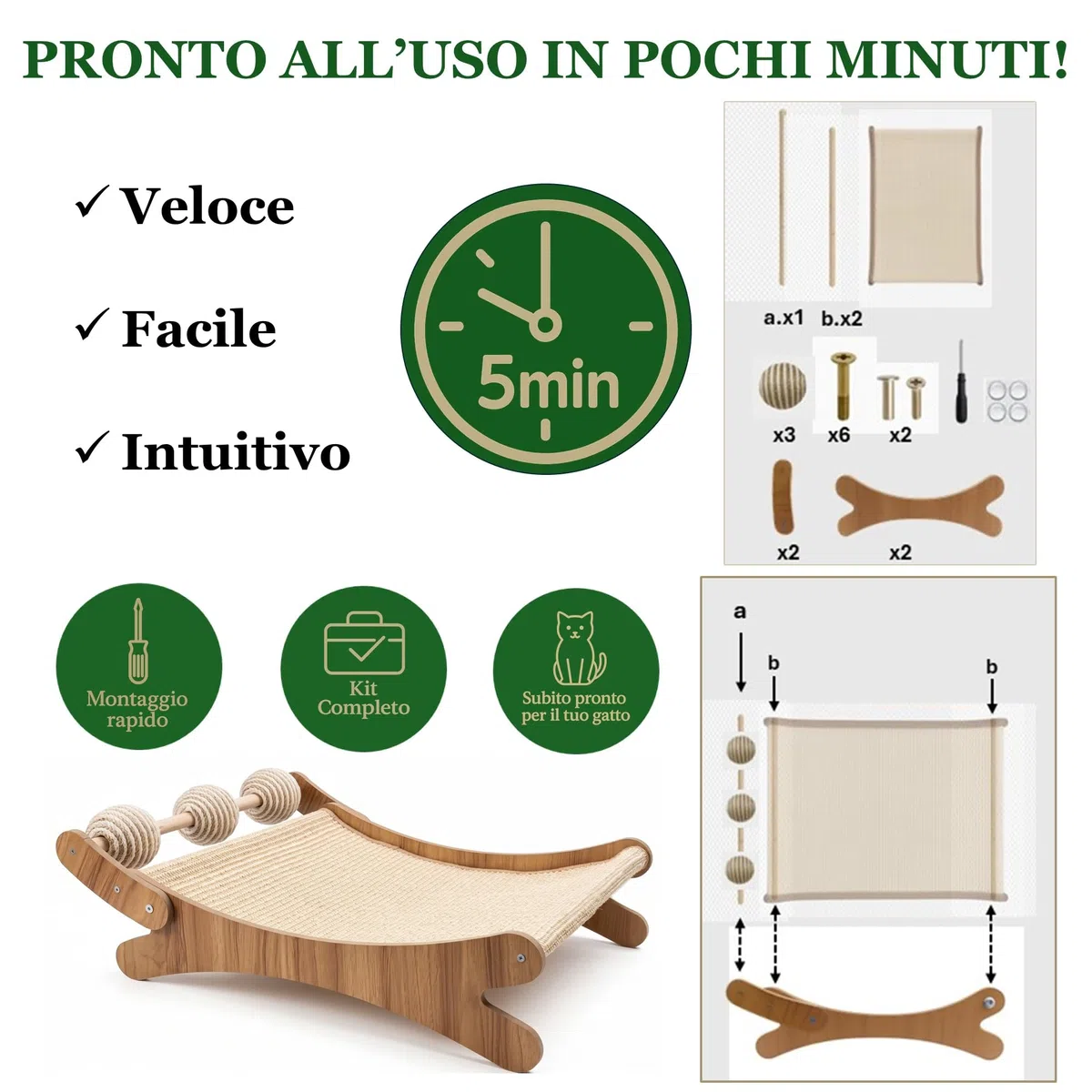PetElegance -Tiragraffi per Gatti XXL - 3 in 1 con Palline Gioco - MDF e Sisal Naturale – Tiragraffi per Gatti Adulti Grandi, Centro Gioco e Relax - Design Elegante