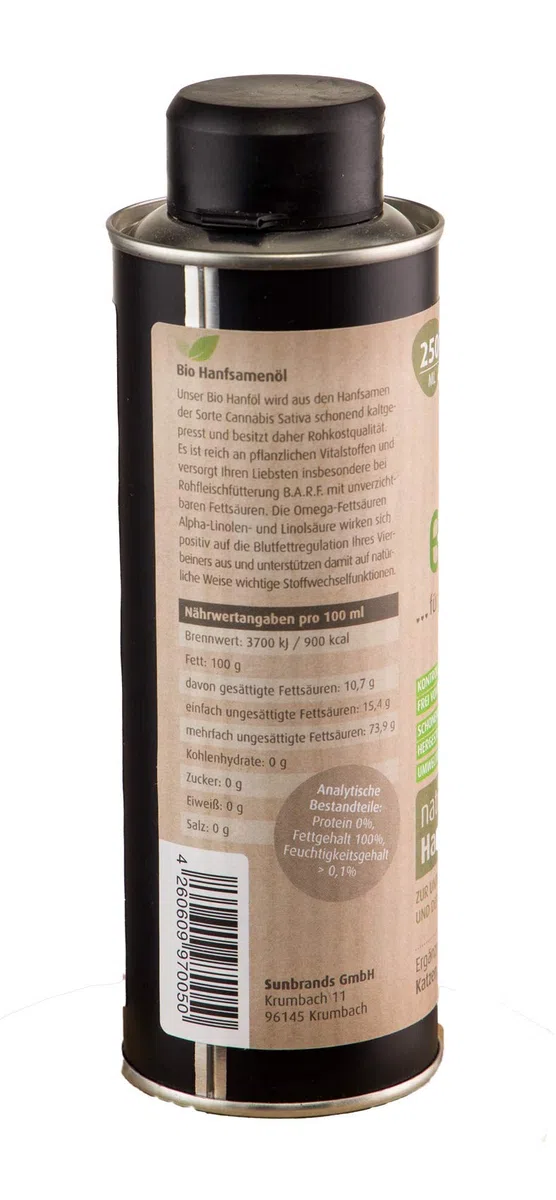 Olio di canapa organico | Olio di canapa biologico spremuto a freddo come mangime complementare per cani, cavalli e gatti, 250 ml
