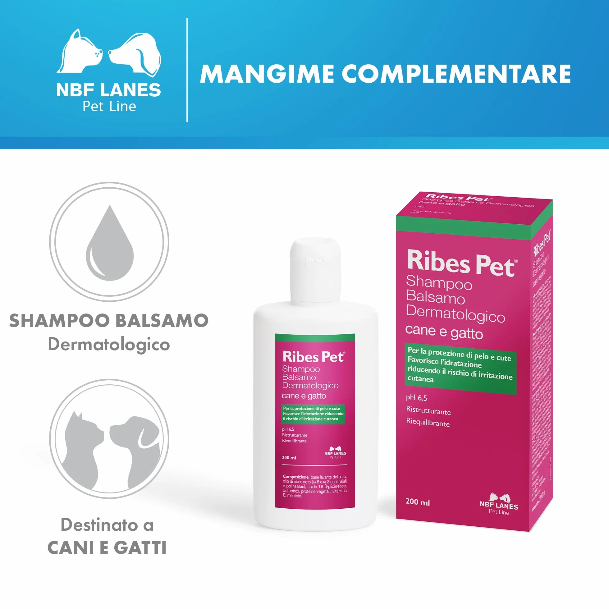 NBF Lanes | Ribes Pet Shampoo Balsamo Dermatologico Cane e Gatto 200 ml, per la Protezione di Pelo e Cute, pH 6,5, Ristrutturante, Riequilibrante