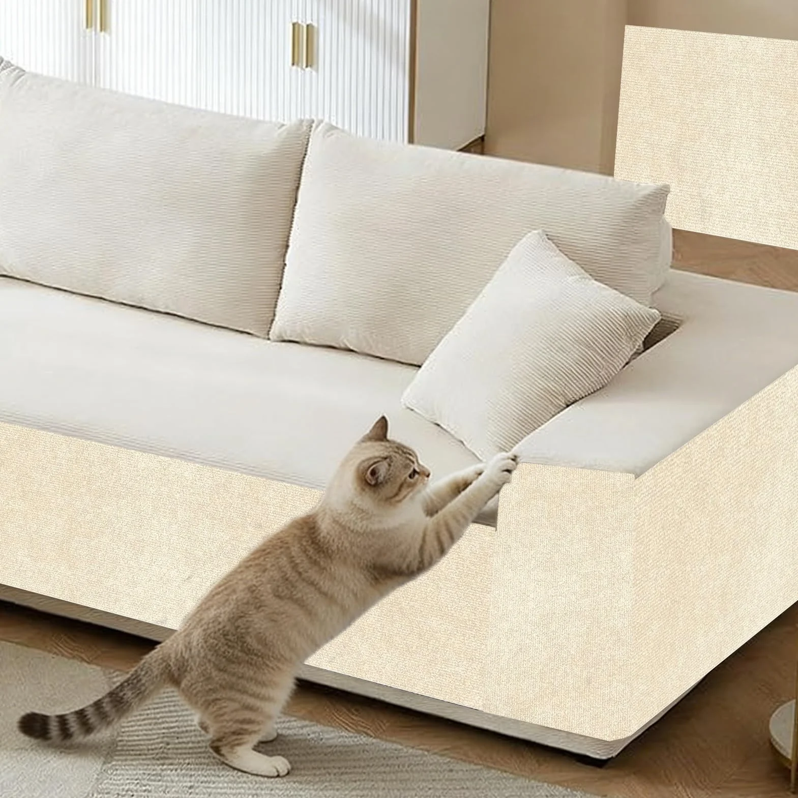 Tappeto Tiragraffi per Gatti Autoadesivo - 300 x 40cm, Protezione Divano Graffi Gatto, Riutilizzabile e Tagliabile, DIY Tiragraffi per Gatti, Ideale per Divani Mobili Pareti Cachi
