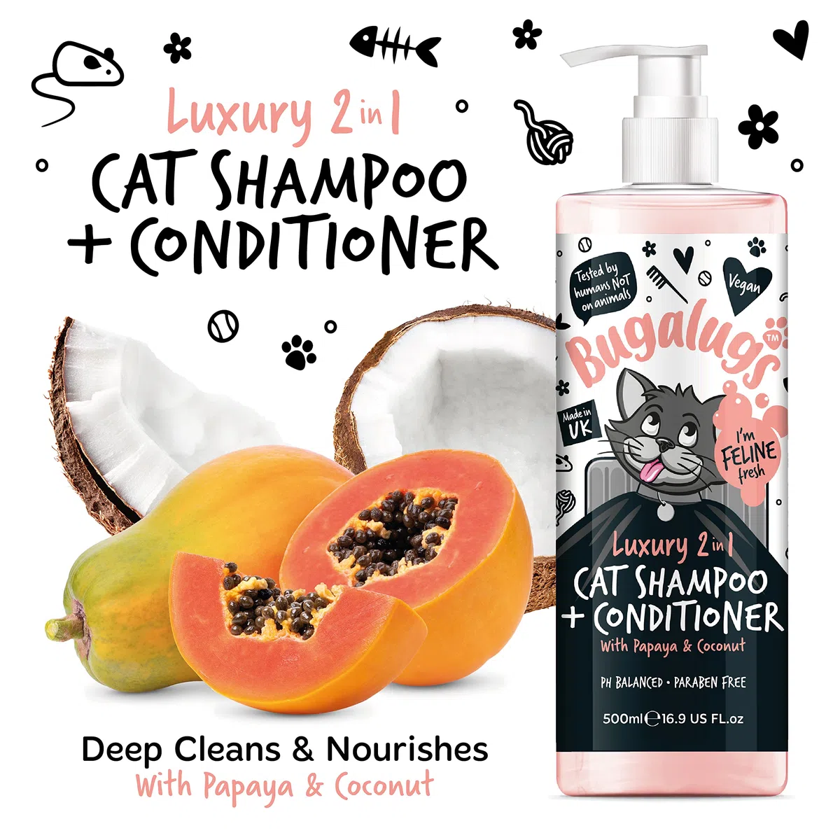 Bugalugs Shampoo e balsamo per gatti 2 in 1. Detergente, nutriente e condizionante per tutti i peli di gatto. Profumo calmante alla papaya e cocco. Per tutti i gatti e gattini. Toelettatura di gatti e