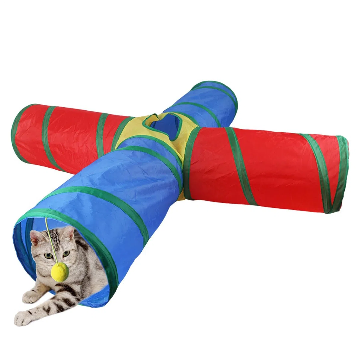 Tunnel per gatti interni, giocattolo tunnel di gatto - Tunnel gatti pieghevoli a 4 vie del gattino arcobaleno,Forniture per animali interattivi giocattolo per animali domestici con palla da gioco per
