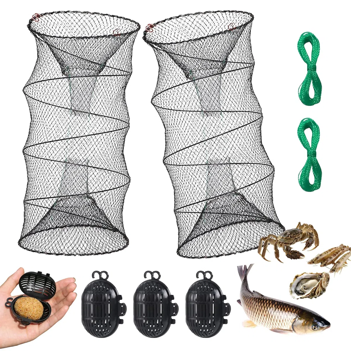 NEUSID Set di 2 reuse pieghevoli per il cancro con 4 sacchetti per mangime, 30 x 60 cm, pesci esca rotonda per pesca di granchi, gamberetti, aragosta, anguilla