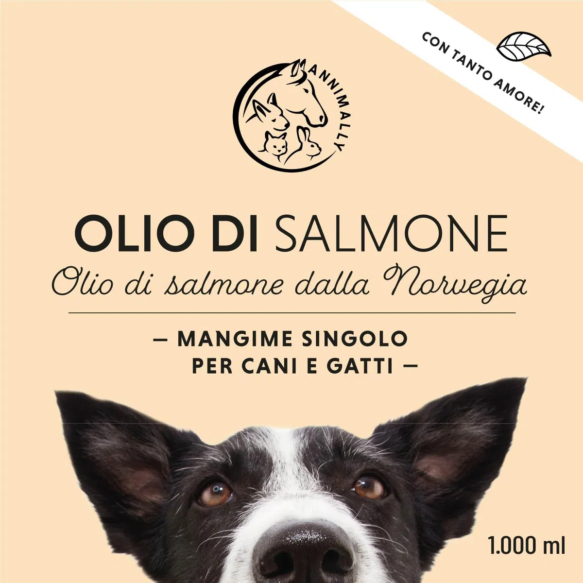 Annimally Olio di Salmone Scozzese per Cani, Gatti e Cavalli 1 Litro - Con il 30% di Acidi Grassi Omega 3 e 6 - Olio di Pesce per Dieta BARF - Prodotto Naturale Puro