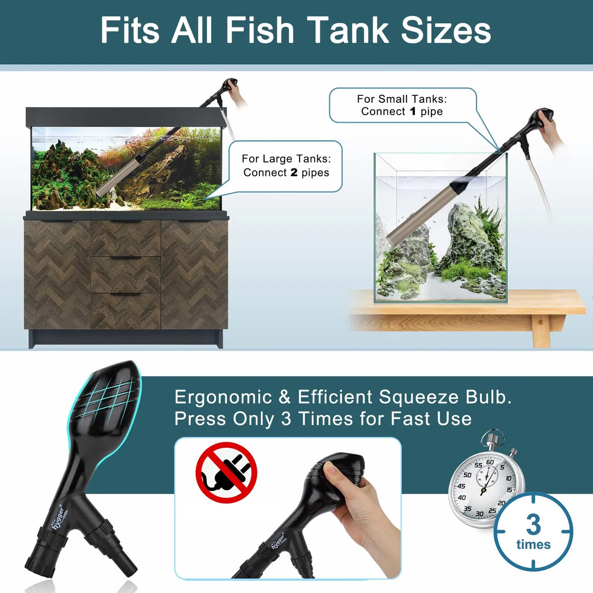 hygger Pulitore per ghiaia per acquario, azionato a mano, 256 GPH, pronto all'uso, adatto per bassi livelli di acqua, sfera di aspirazione integrata, lunghezza regolabile