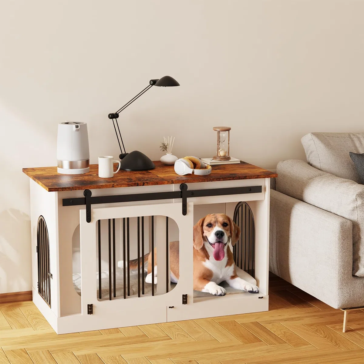 Gabbia per Cani Mobile 100 cm, XL Cassa per Cani da Casa con 3 Porte Scorrevoli, 100x60x69cm, Bianco & Marrone