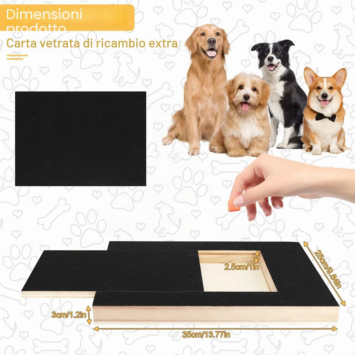 Tiragraffi per cani con scatola per dolcetti e levigatrice per artigli, 1 foglio di carta vetrata di ricambio per la cura delle unghie per cani