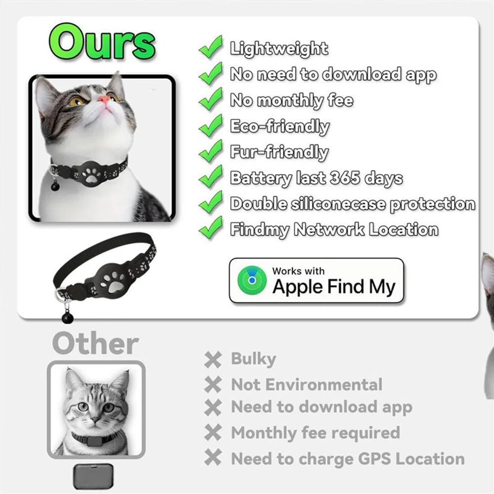 Collare Gps gatto, Gps per Gatti Senza SIM Senza Abbonamento, Localizzatore GPS per Gatto Funziona con apple Find My (solo IOS) (Collare + localizzatore nero)
