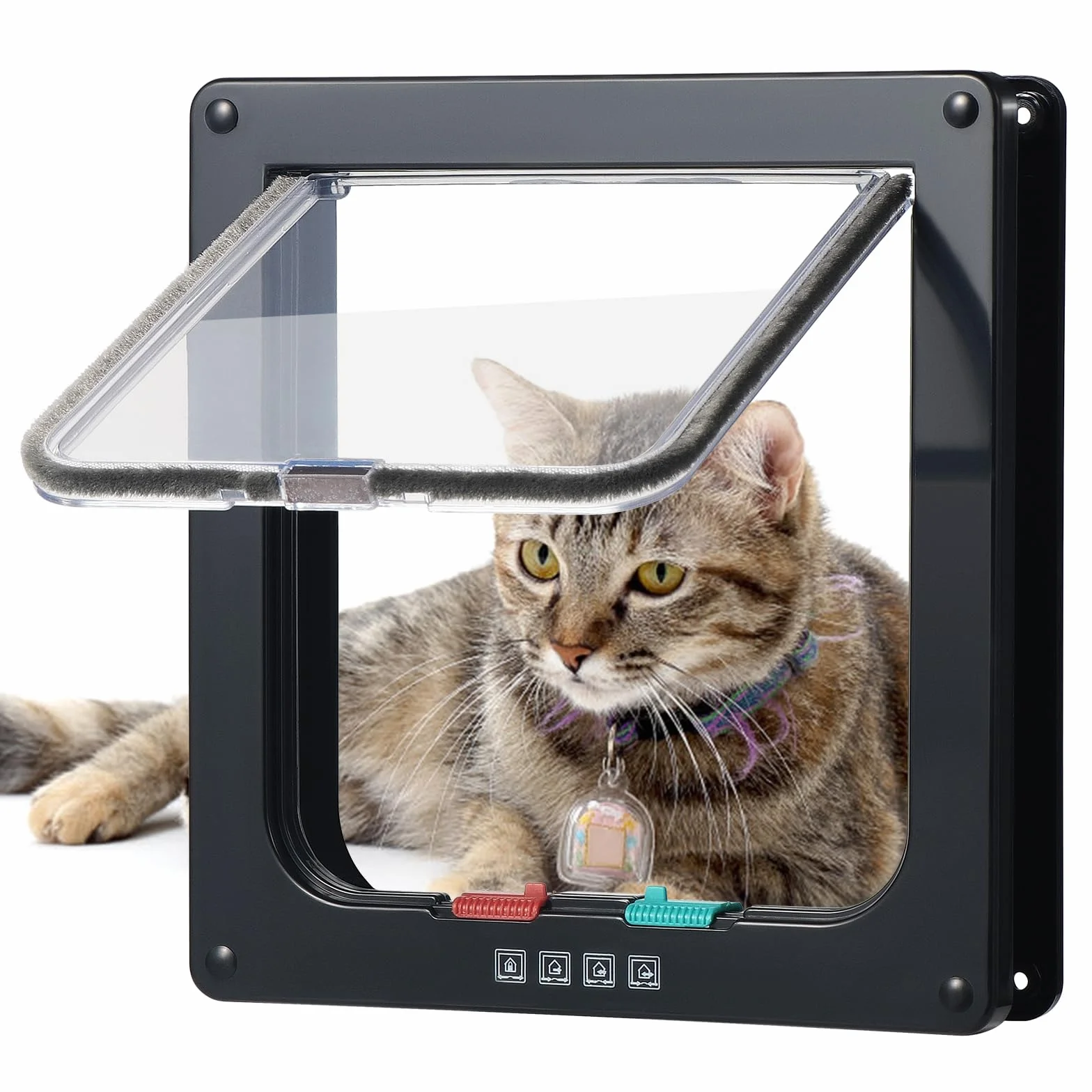 Roxanex Gatto Porta Porta scorrevole di sicurezza per animali domestici con serratura a 4 vie, gattaiola resistente alle intemperie per porta interna esterna, finestra a muro (Nero, L)