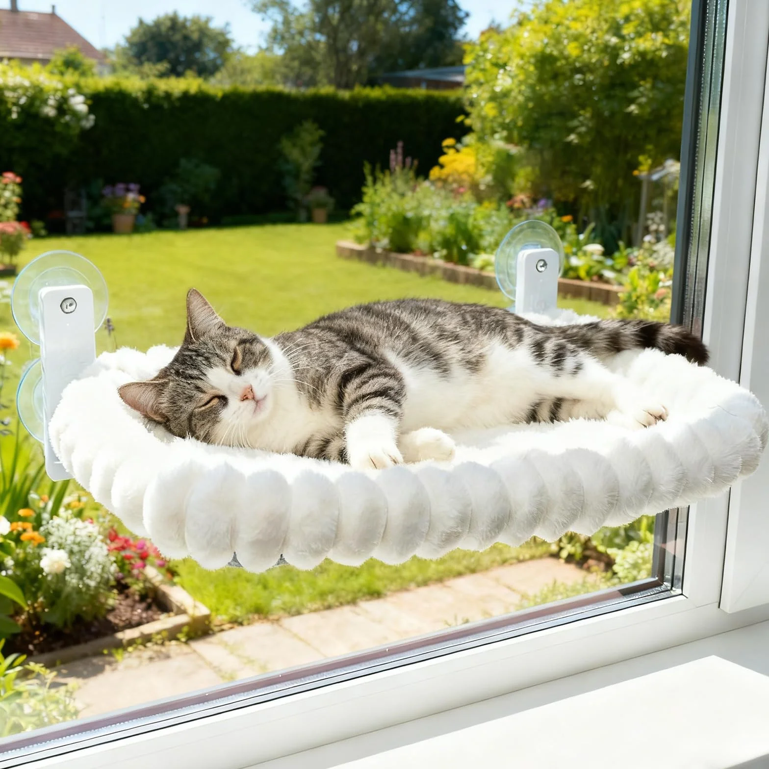 Lettino per Gatti, per finestre, per Gatti, Amaca con Rivestimento Reversibile e Ventose, Stabile Struttura in Acciaio, Fino a 18 kg, per Gatti Domestici e Cani di Piccola Taglia
