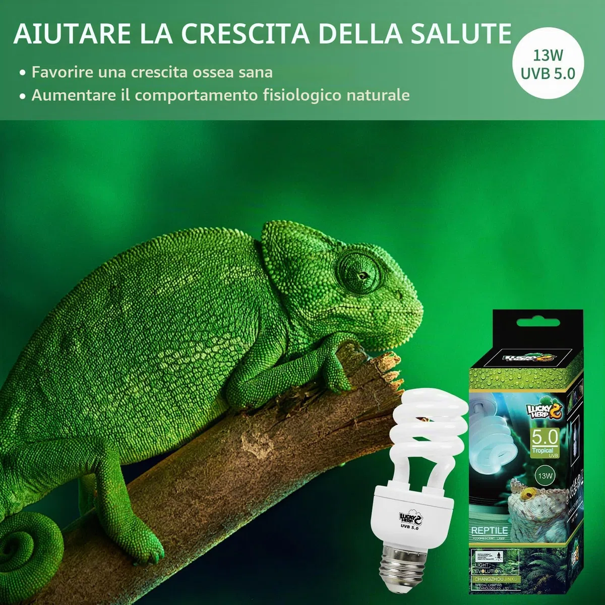 LUCKY HERP UVB terrario, lampada rettile UVA e UVB 150 E27 13 W UVB 5.0, adatta per tartarughe, polli, cani, gabbiani e altri anfibi e rettili