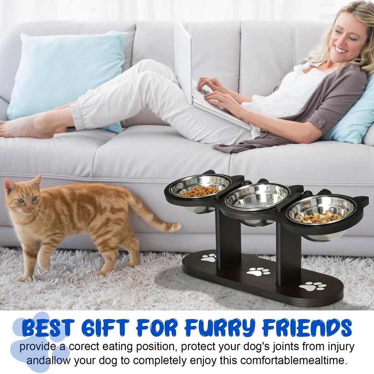 GOMETY Ciotola per gatti 3 in 1, rialzata, set da 3 pezzi, con 3 ciotole in acciaio inox, altezza regolabile, con supporto in legno, ergonomica, per cani (nero)