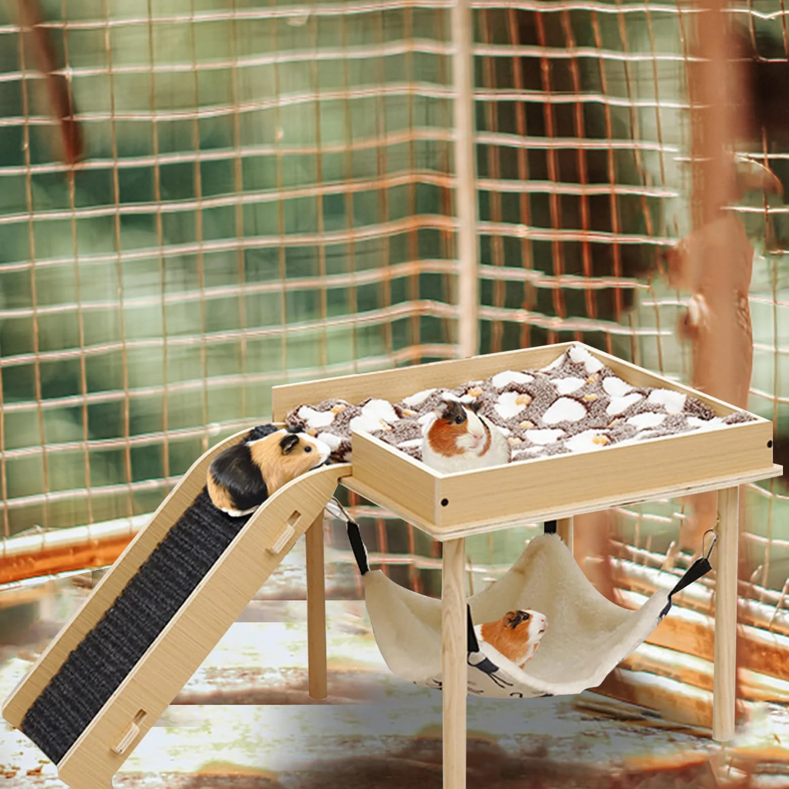 Amaca per porcellini d'India con supporto in legno, casetta per criceti in legno, telaio con amaca per porcellini d'India, cincillà, ratti, criceti, conigli, furetti che dormono