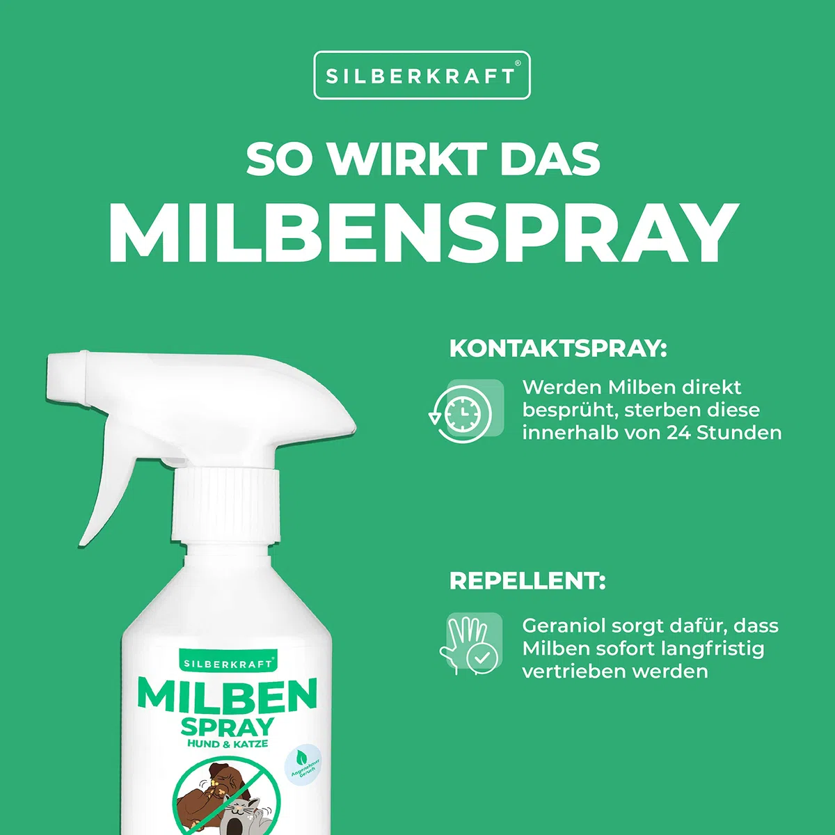 Silberkraft - Spray antiacaro per cani e gatti, 250 ml, affidabile antiacaro per cani, gatti, roditori e altri animali domestici, efficace e utile antiacaro