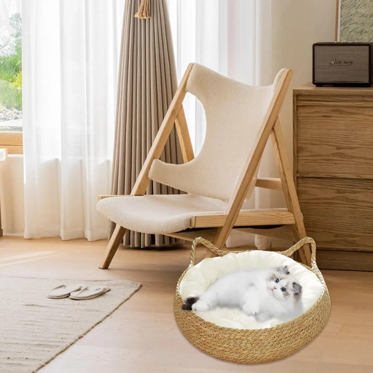 Letto a ciambella per gatti in vimini per gatti da interno, 38,1 x 12,7 cm, 2 in 1, cestino per gatti intrecciato con morbido cuscino antigraffio, comodo cestino rotondo in vimini per gatti