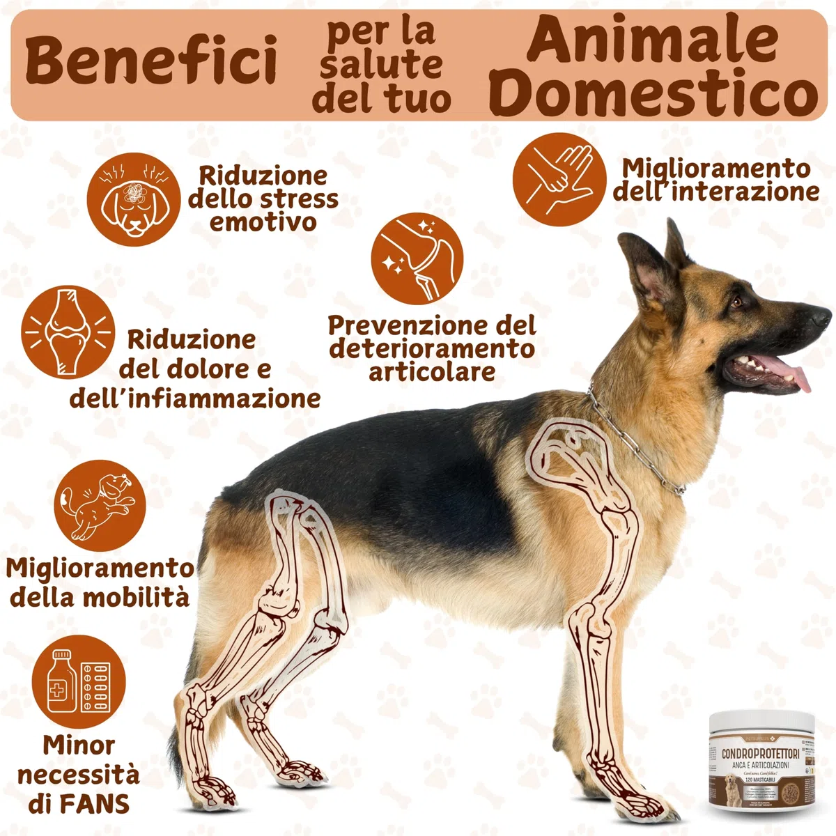 Joint Care Cani Articolazioni - Integratore Articolazioni Cane - Condroprotettori - Condroitina e Glucosamina, MSM, Collagene e Acido Ialuronico -120 Masticabili