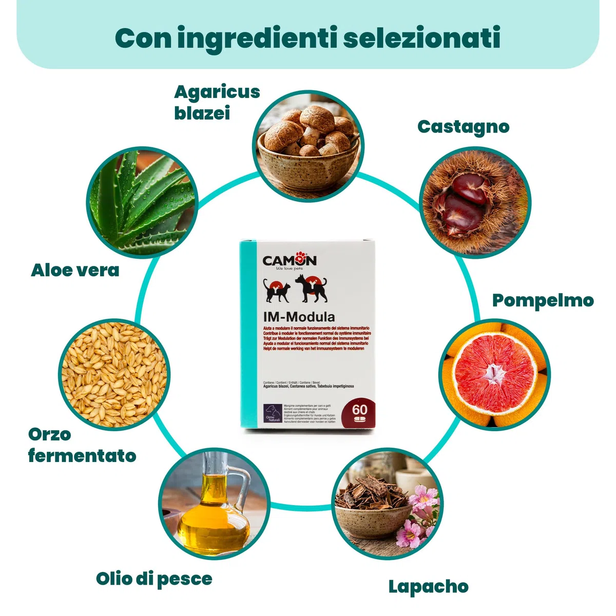 CAMON | Im-Modula, Alimento Complementare per Cani e Gatti, 60 Compresse da 1000mg, Supporto Sistema Immunitario