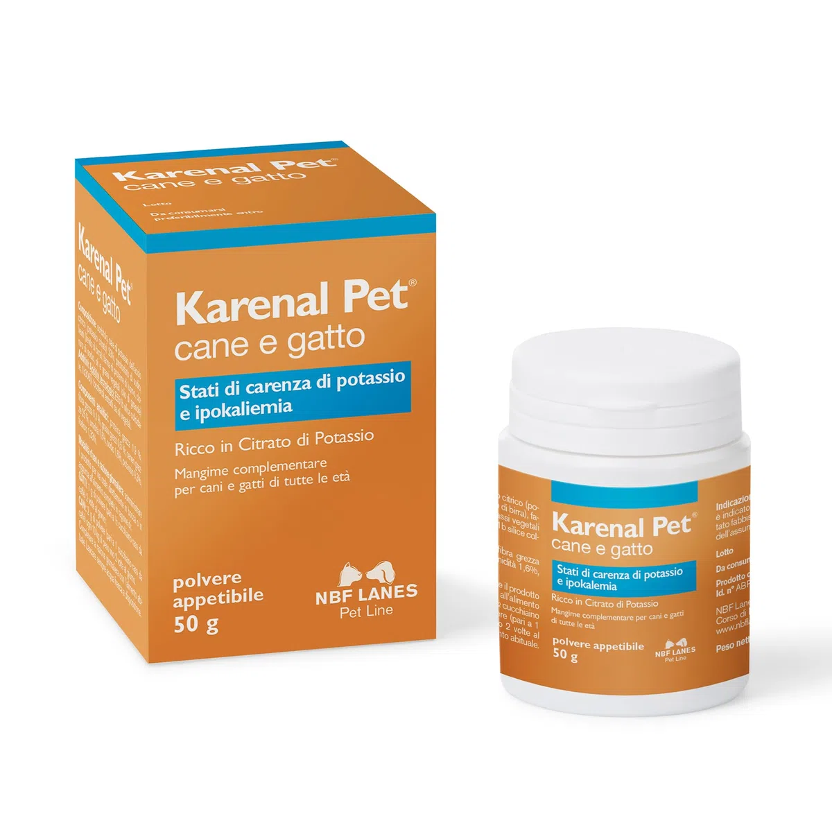 NBF Lanes | Karenal Pet Cane e Gatto, Polvere Appetibile 50 g, per gli Stati di Carenza di Potassio e Ipokaliemia