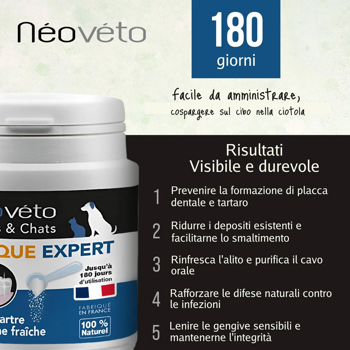 Anti tartaro e alito cattivo Néovéto Plaque Expert, prodotto biologico, per cani e gatti, Plaque Off, 180 dosi, Principi attivi approvati dai servizi veterinari francesi