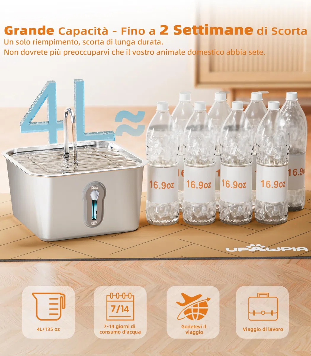 4L Fontanella per Gatti Acciaio con 3 Filtri Fontana Per Animali Domestici Per Gatti Animali Domestici Da Interno Cani Piccoli Animali Distributore Automatico Di Acqua Per Cani
