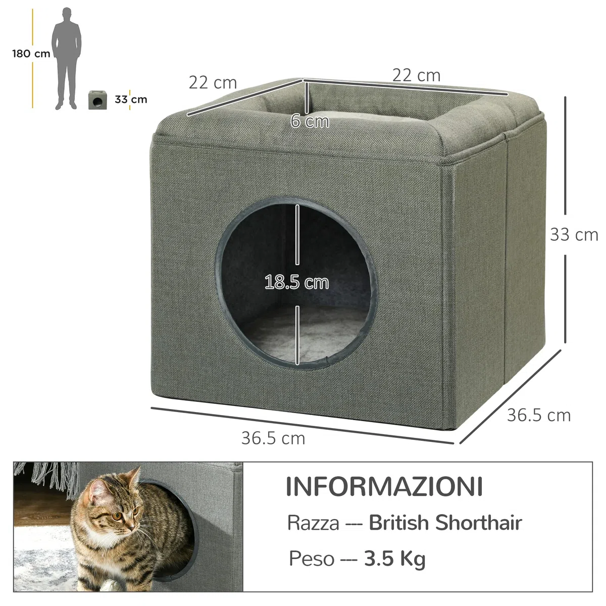 PawHut Casetta per Gatti a 2 Livelli con Cuscino in Peluche e Apertura Frontale, Cuccia per Gatti in MDF, Poliestere e Plastica, 36.5x36.5x33 cm, Verde