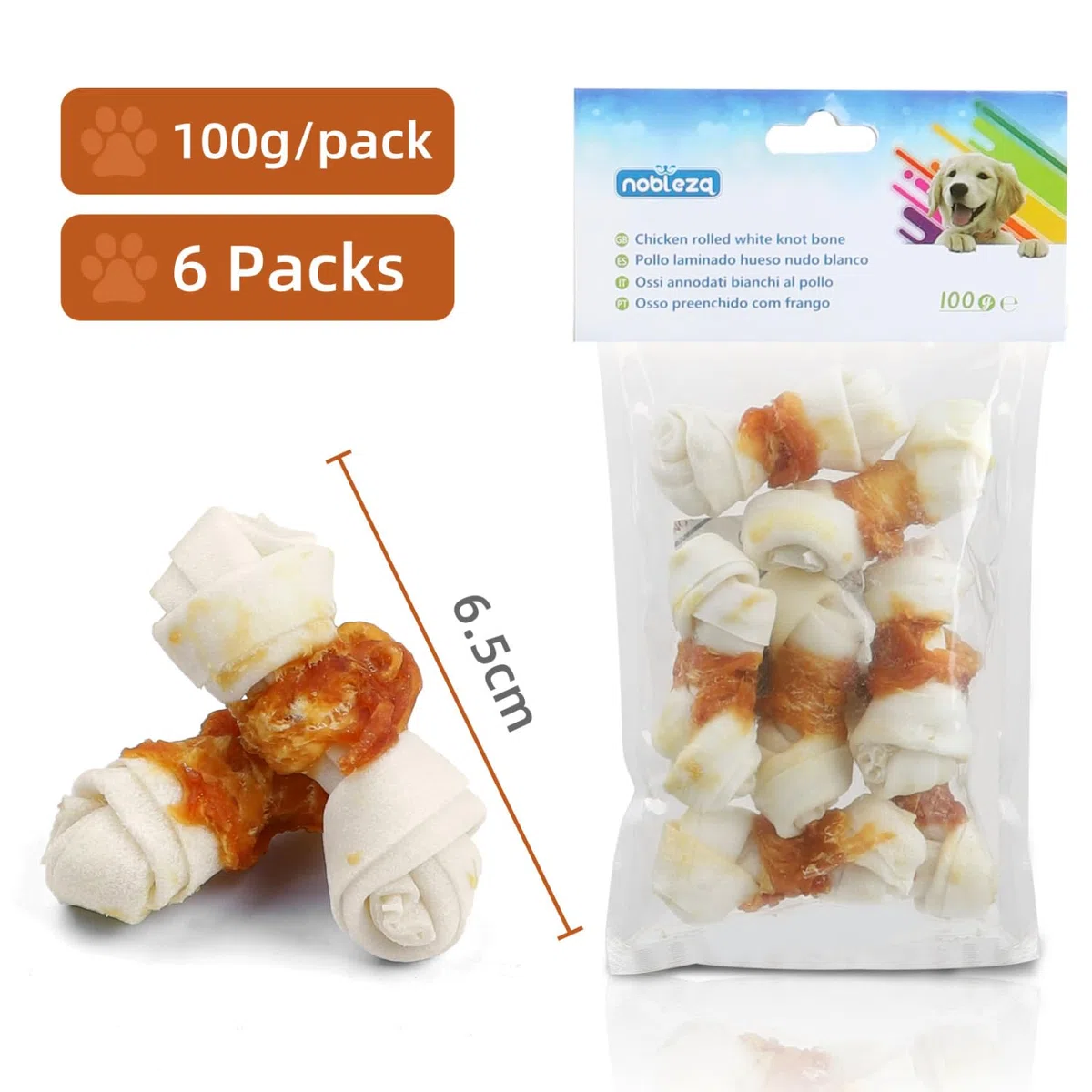 Nobleza - Ossi Masticabili al Gusto di Pollo, Pollo Avvolto in Pelle Grezza Ossa Annodate, Materie Prime Naturali Selezionate, Prelibatezze per Cani Naturali - 6 Pezzi / 600 g