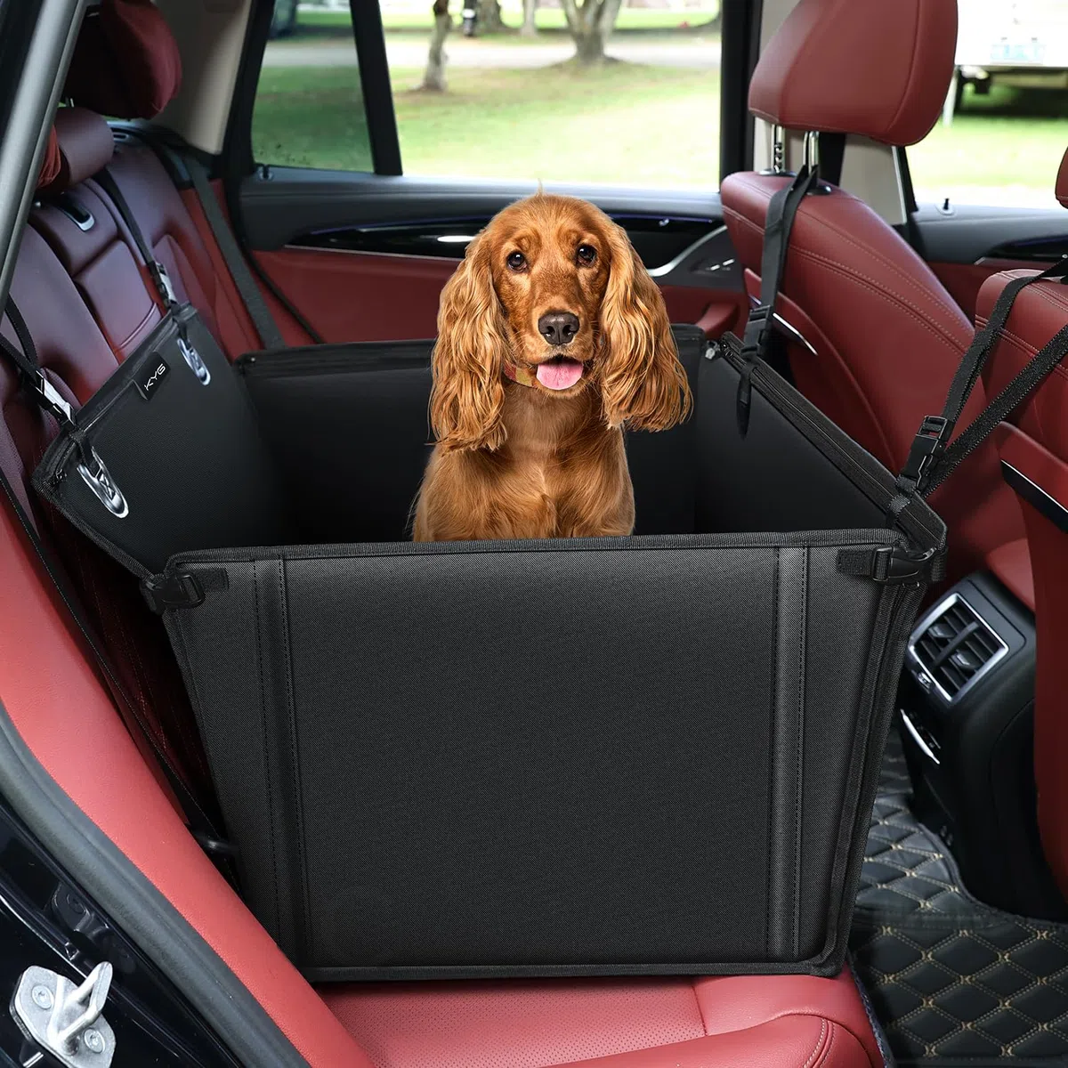 KYG Seggiolino auto per cani, impermeabile, antiscivolo, resistente ai graffi, con 4 cinghie di fissaggio per il sedile posteriore, sedile per cani di taglia media e grande