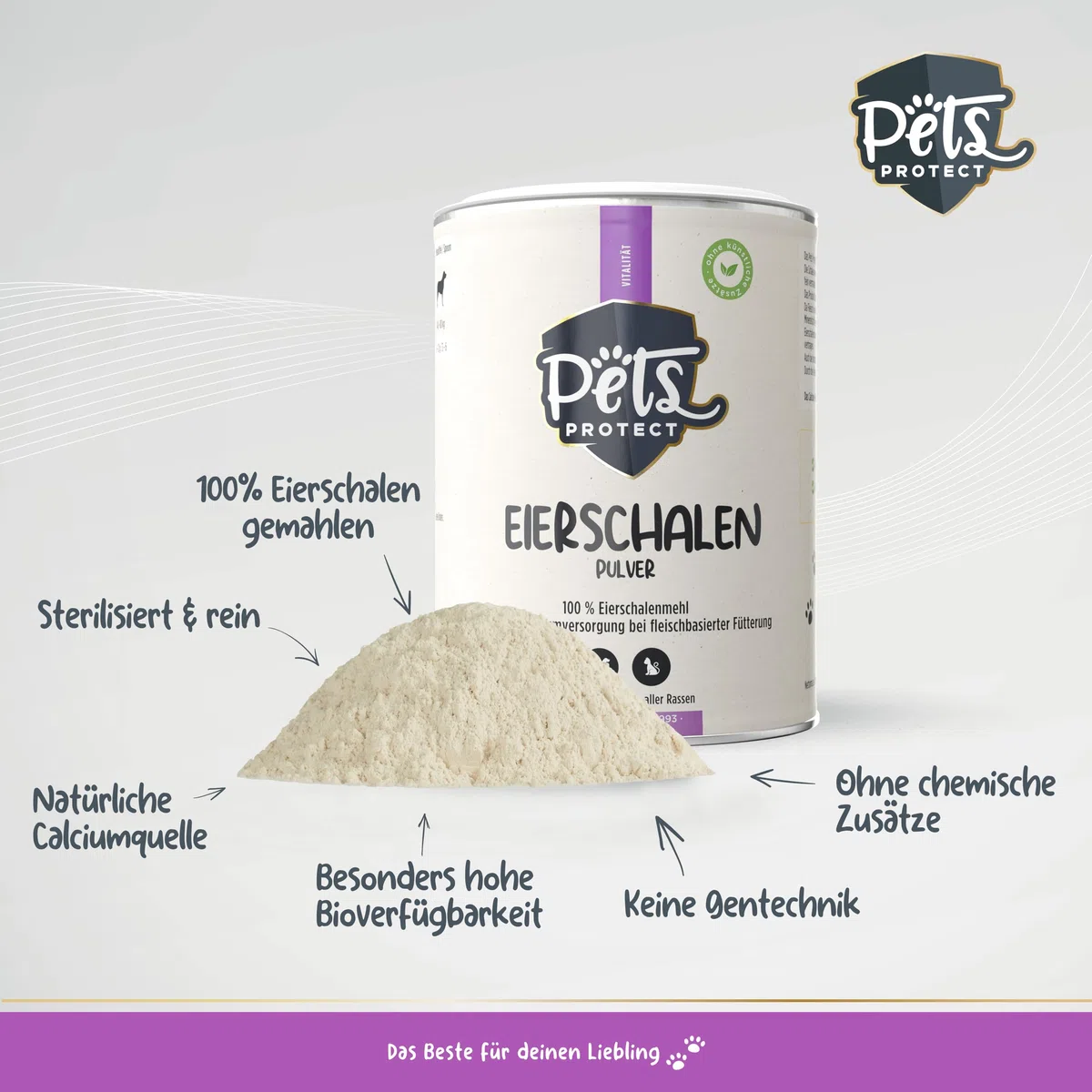 Pets PROTECT Polvere di Guscio d'uovo Biologico, 200 g, fonte Naturale di Calcio per Cani e Gatti, Farina di Guscio d'uovo Biologico, Ricca di minerali e Sostanze nutritive ad Alta biodisponibilità