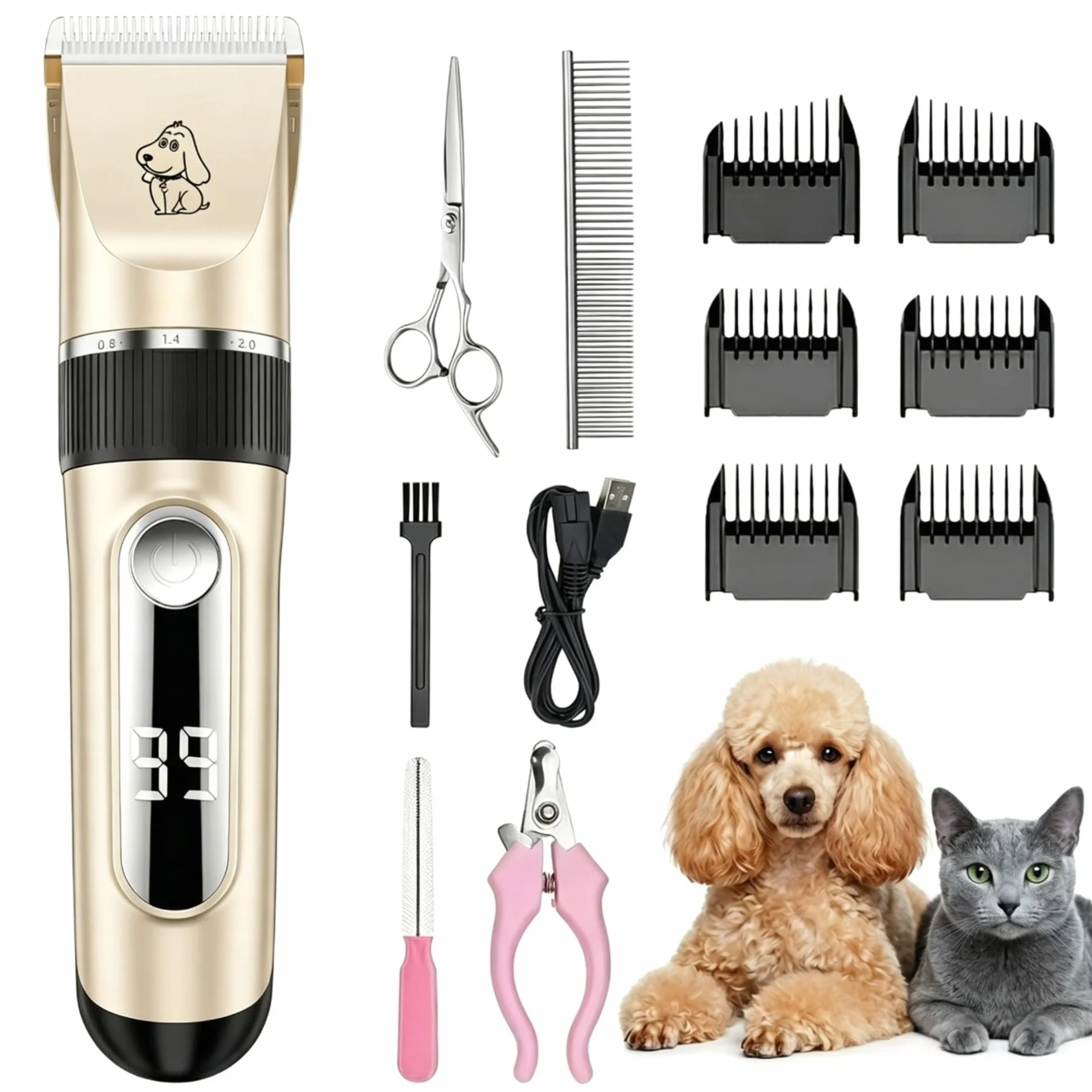 Tosatrice per Cani e Gatti Professionale Tagliacapelli Animali con Display LED Lame in Ceramica Impermeabile IPX7 Ricaricabile USB, Motore Silenzioso, Kit con 6 Pettini Guida per Uso Domestico