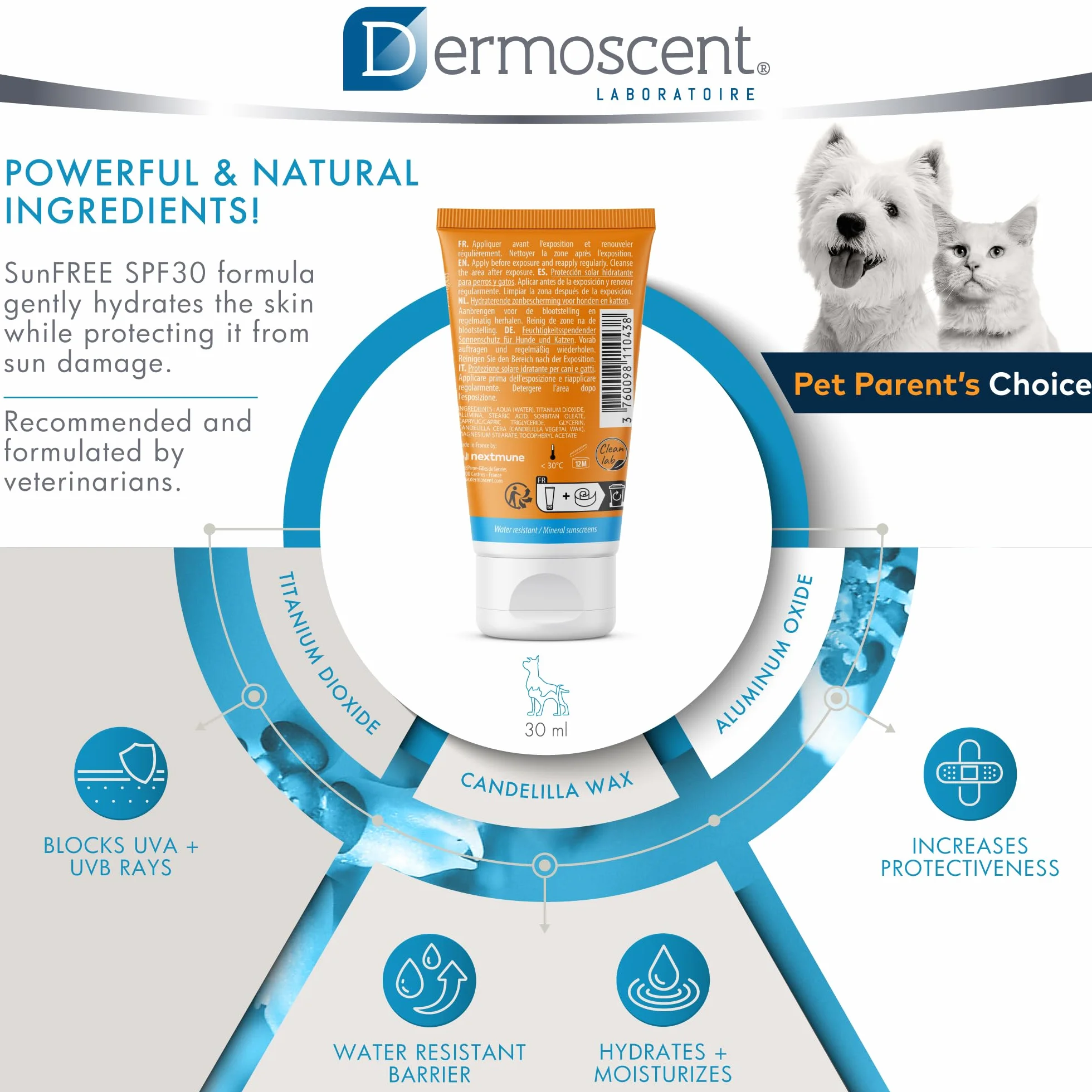 Dermoscent Sunfree - Crema solare per cane e gatto, flacone da 30 ml