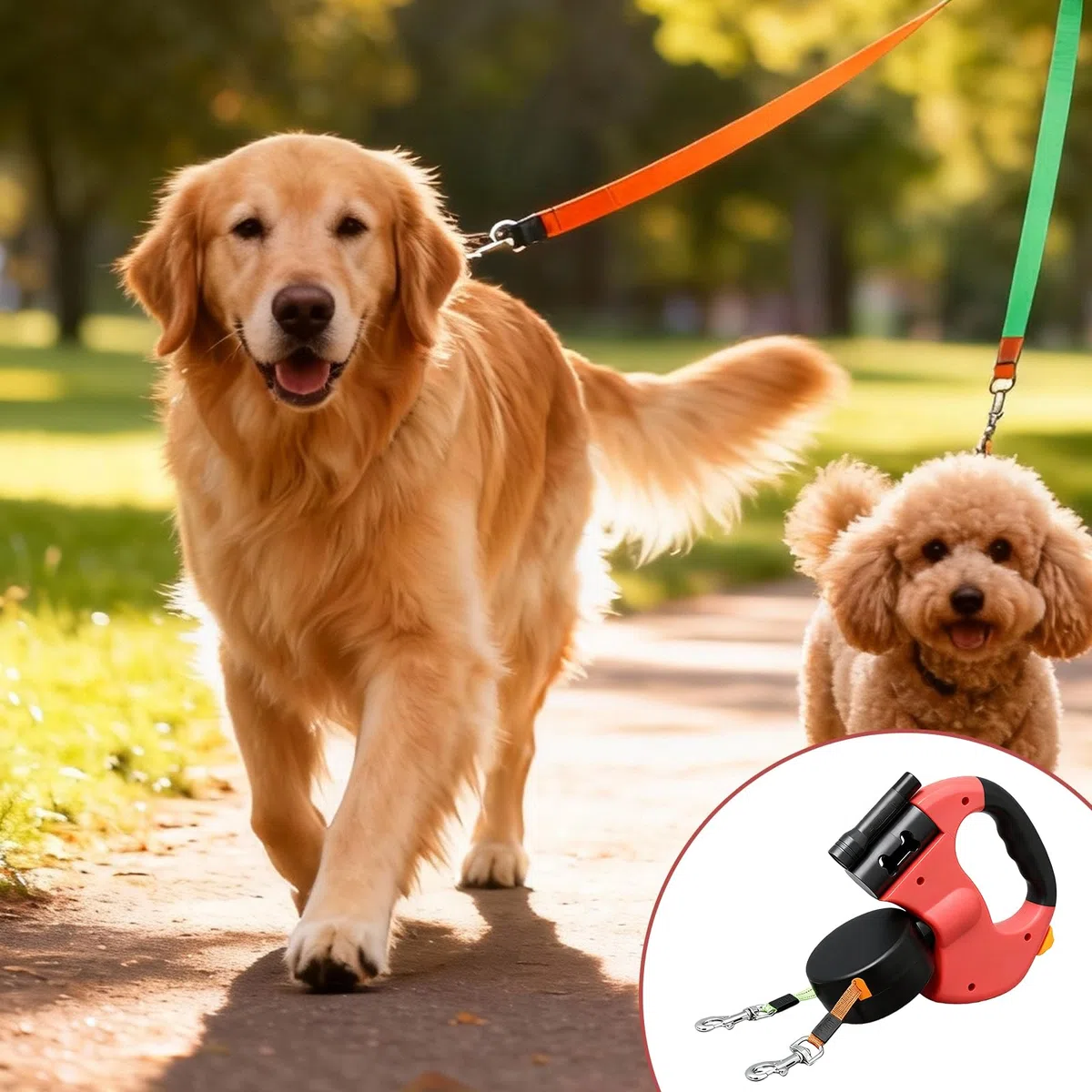 BAIFULAI Guinzaglio retrattile per 2 cani, 3 m, doppio guinzaglio per 2 cani con luce, impugnatura antiscivolo, allungabile, guinzaglio per cani di piccola e media taglia (rosso)