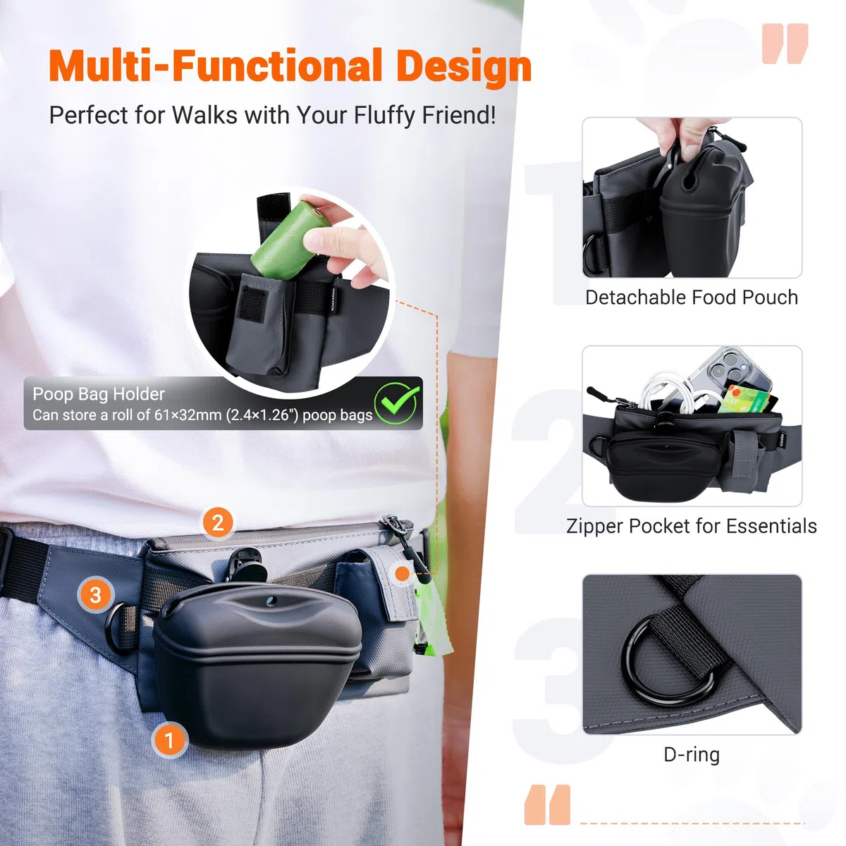 Marsupio impermeabile per cani, in silicone, con clip rimovibile in silicone, con cintura regolabile in vita e chiusura magnetica, per addestramento cani