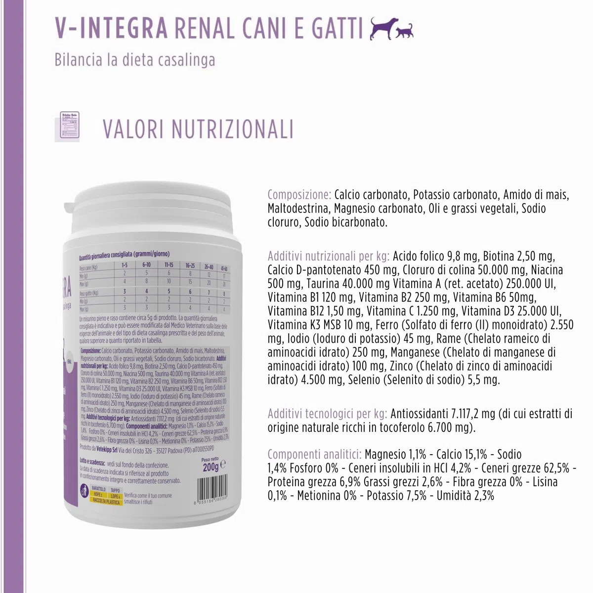 V-INTEGRA Renal 200g, Integratore Vitamine e Minerali per Bilanciare Diete Casalinghe di Cani e Gatti che Richiedono una Restrizione di Fosforo, Multivitaminico Cane e Gatto Made in Italy