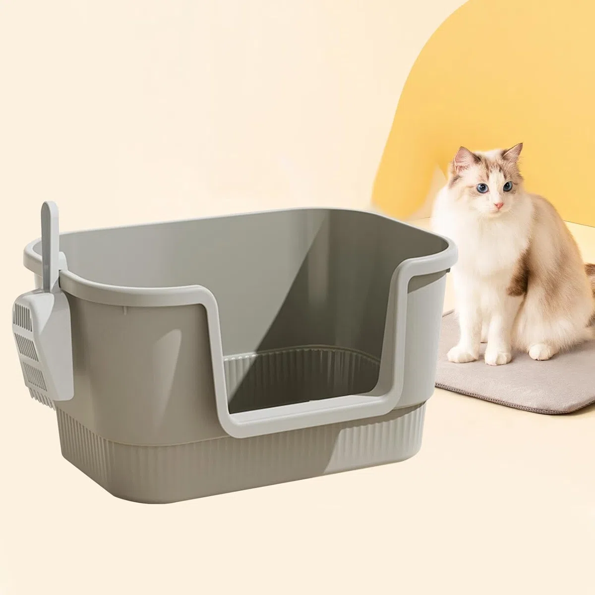 MEISO Toilette per Gatti con Vassoio e Paletta, Lettiera Aperta con Lati Alti per Tutti i Tipi di Gatto (Grigio)