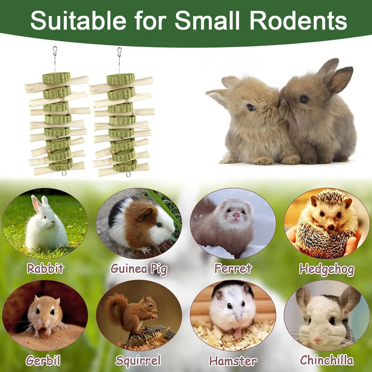 Giochi per Coniglio Nano, 2 Pezzi Giocattolo da Masticare per Conigli, Bambù Dolce con Torta di Erba Naturale Giocattolo Molare per Piccoli Animali per Conigli Cincillà Cavia (Stile A)