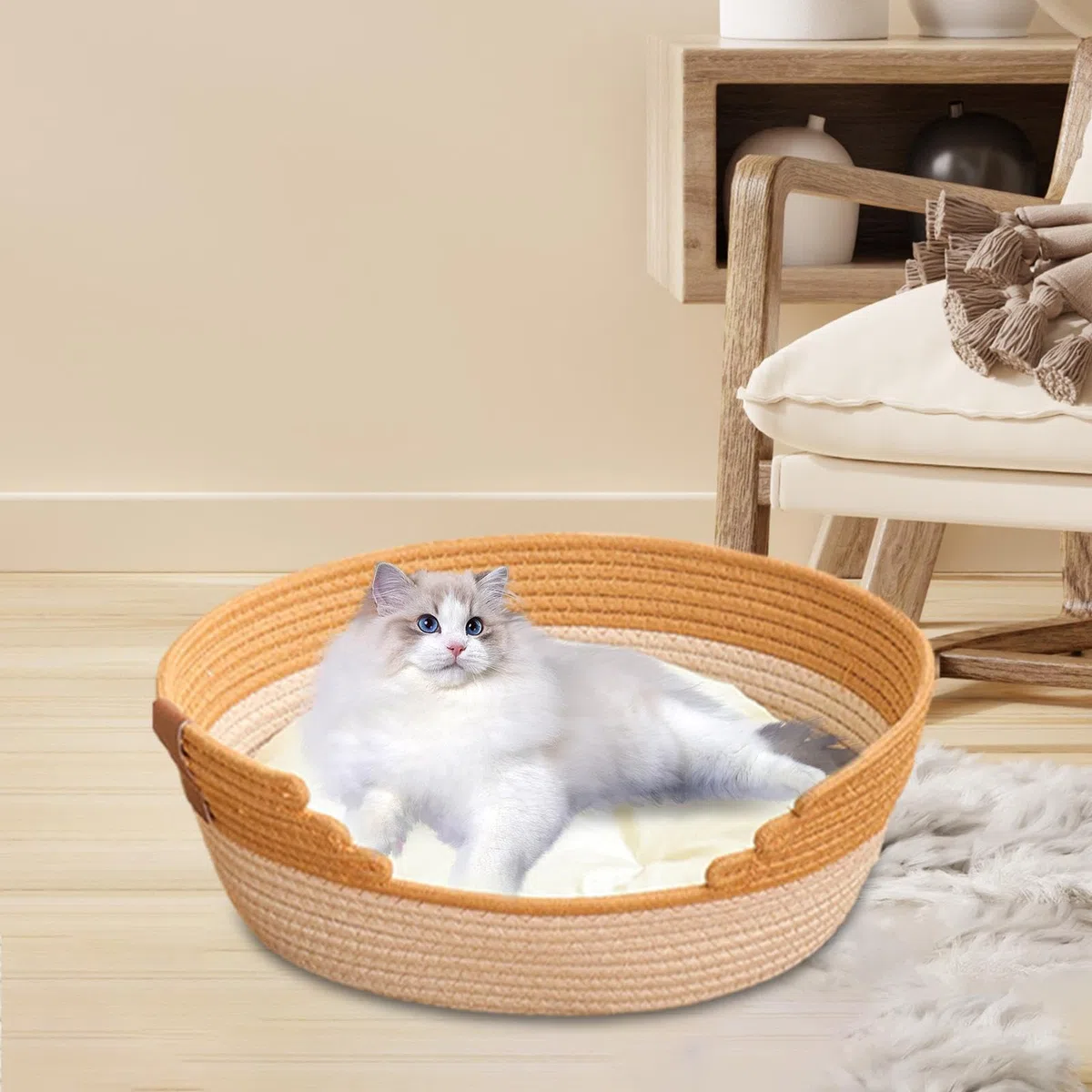 MagiDeal Cesto per Lettino per Gatti in Corda di Cotone Intrecciata, Letto per Dormire con Cuscino, Cuccia Portatile AntiGraffio per Animali Domestici, M