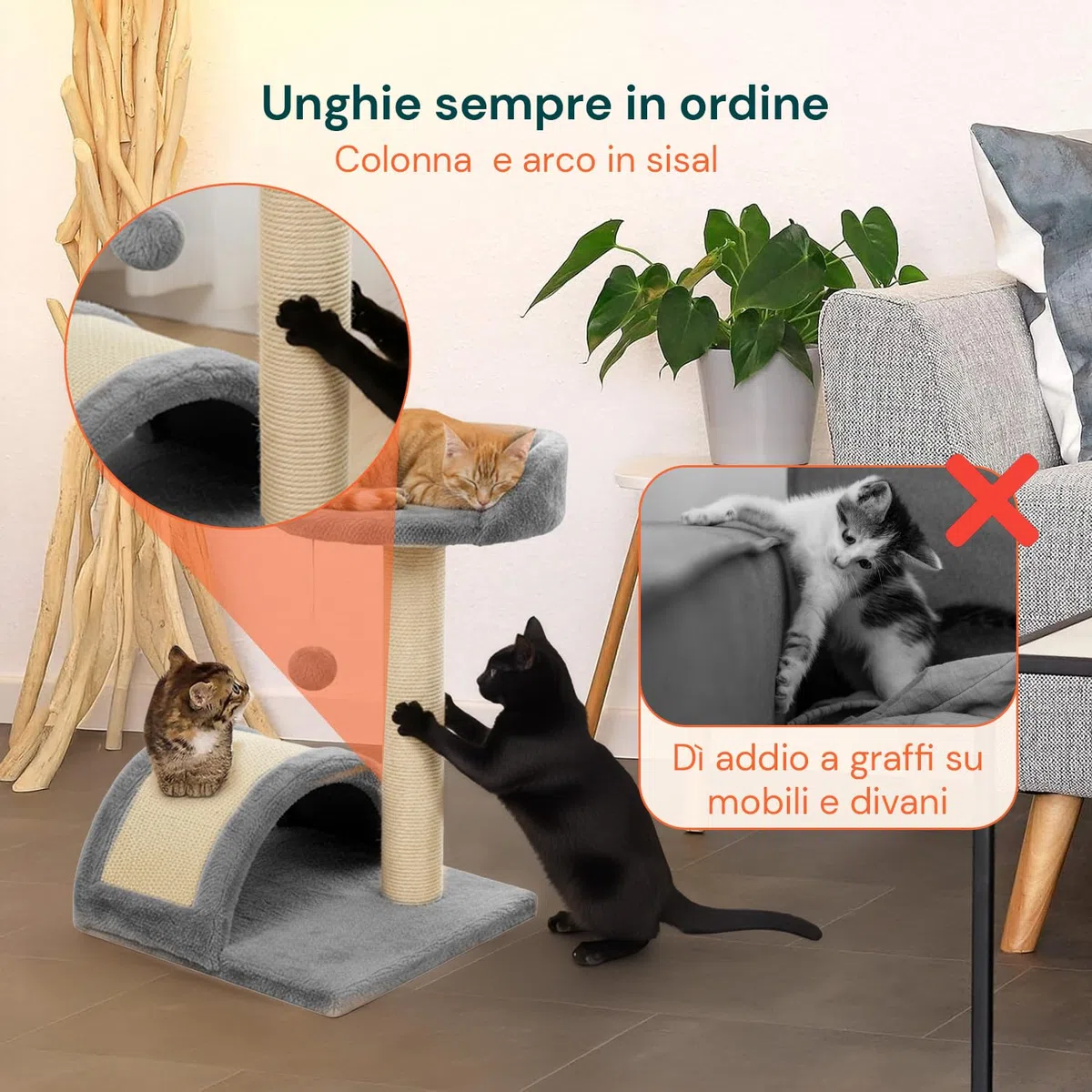 Avilia Tiragraffi per Gatti 50 cm – Albero Tiragraffi con Piattaforma Imbottita, Pallina Pendente e Sisal Naturale, Trespolo per Gatti Compatto Salvaspazio, Giochi Gatto 3 in 1, Protezione Divano