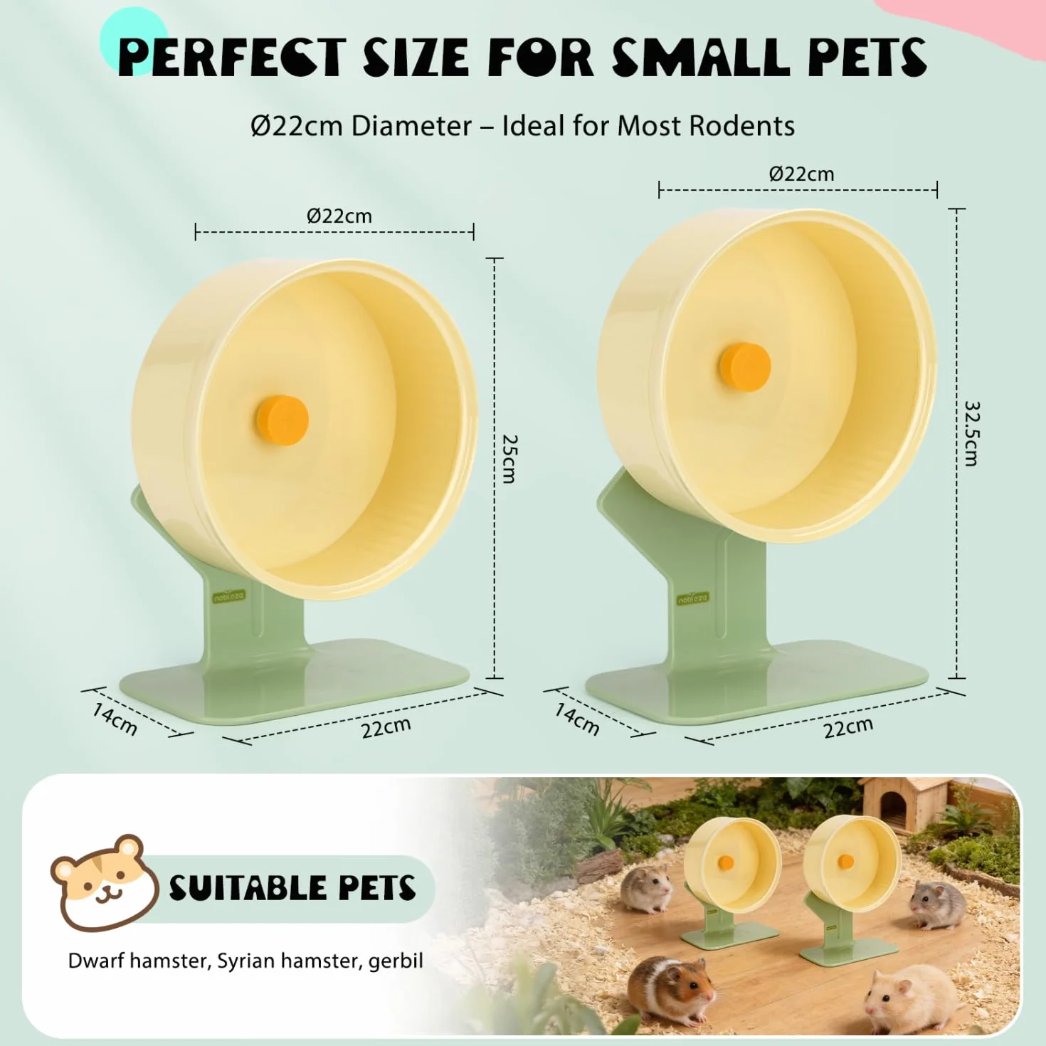 Nobleza Ruota Criceto Silenziosa 22cm, Ruota per Esercizi in Plastica Lavabile con Altezza Regolabile e Base Stabile Anti-Ribaltamento, Accessori per Criceti Nani, Siriani e Gerbilli