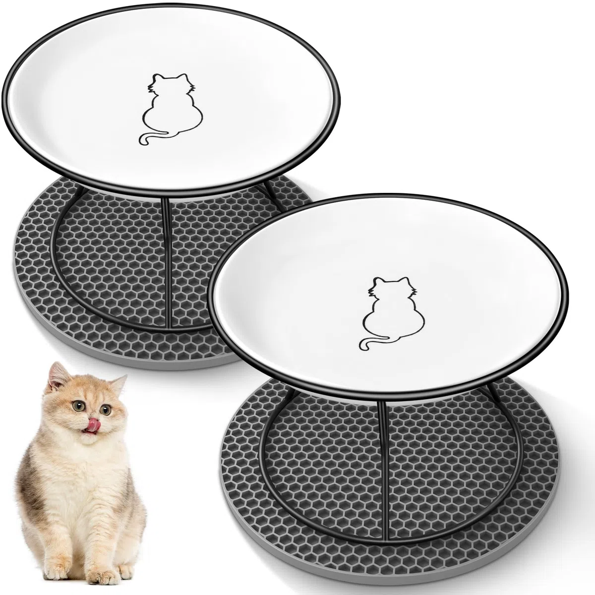 FoiiLiio Ciotole per Gatti Rialzate 2 Pezzi Ciotola per Gatti Ceramica Rialzata 10CM con Supporto e Pad Antiscivolo Porta, per Cibo e Acqua