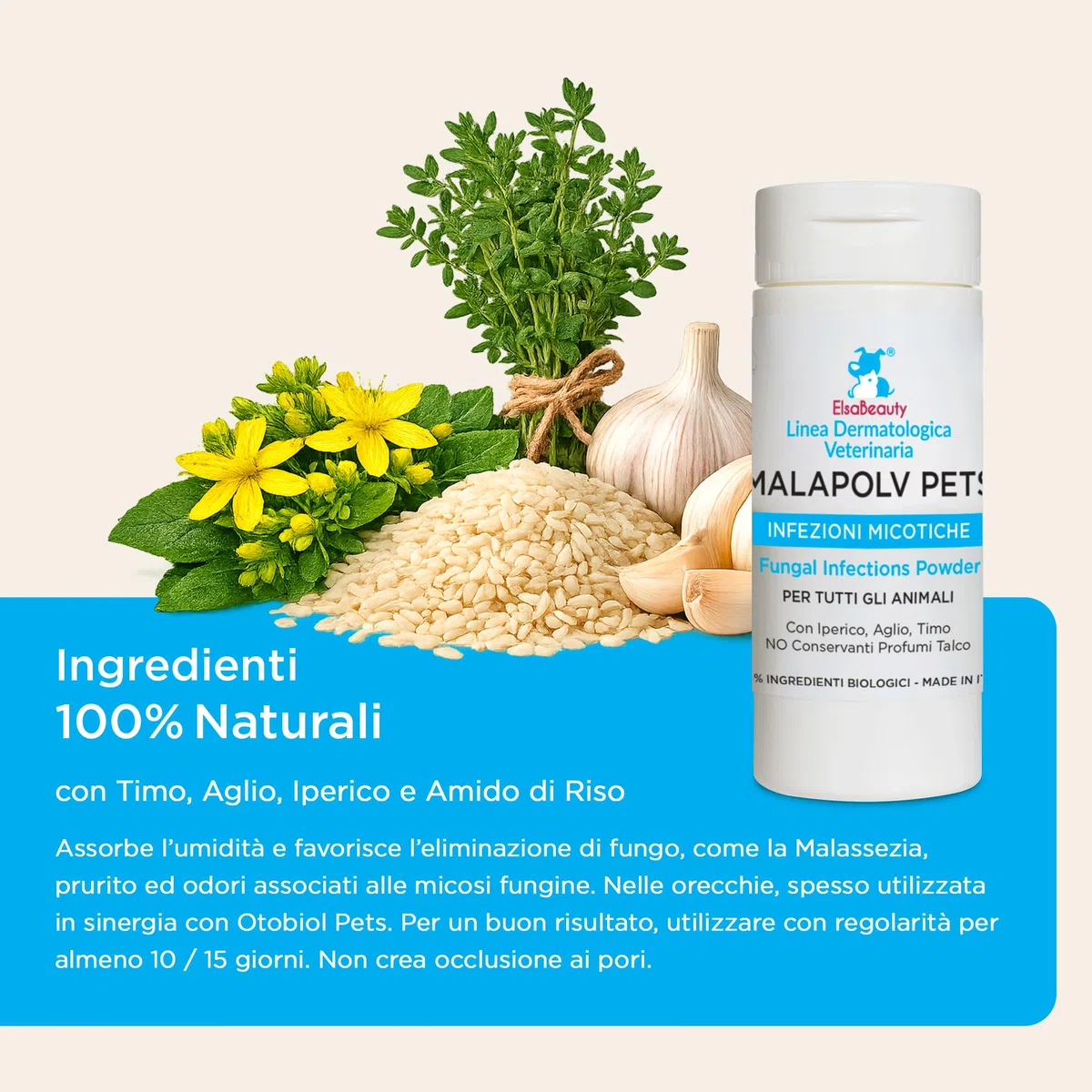 Malapolv Pets Polvere Antifungina Naturale per Cani e Gatti, Malassezia e Micosi Cutanee, 40 g